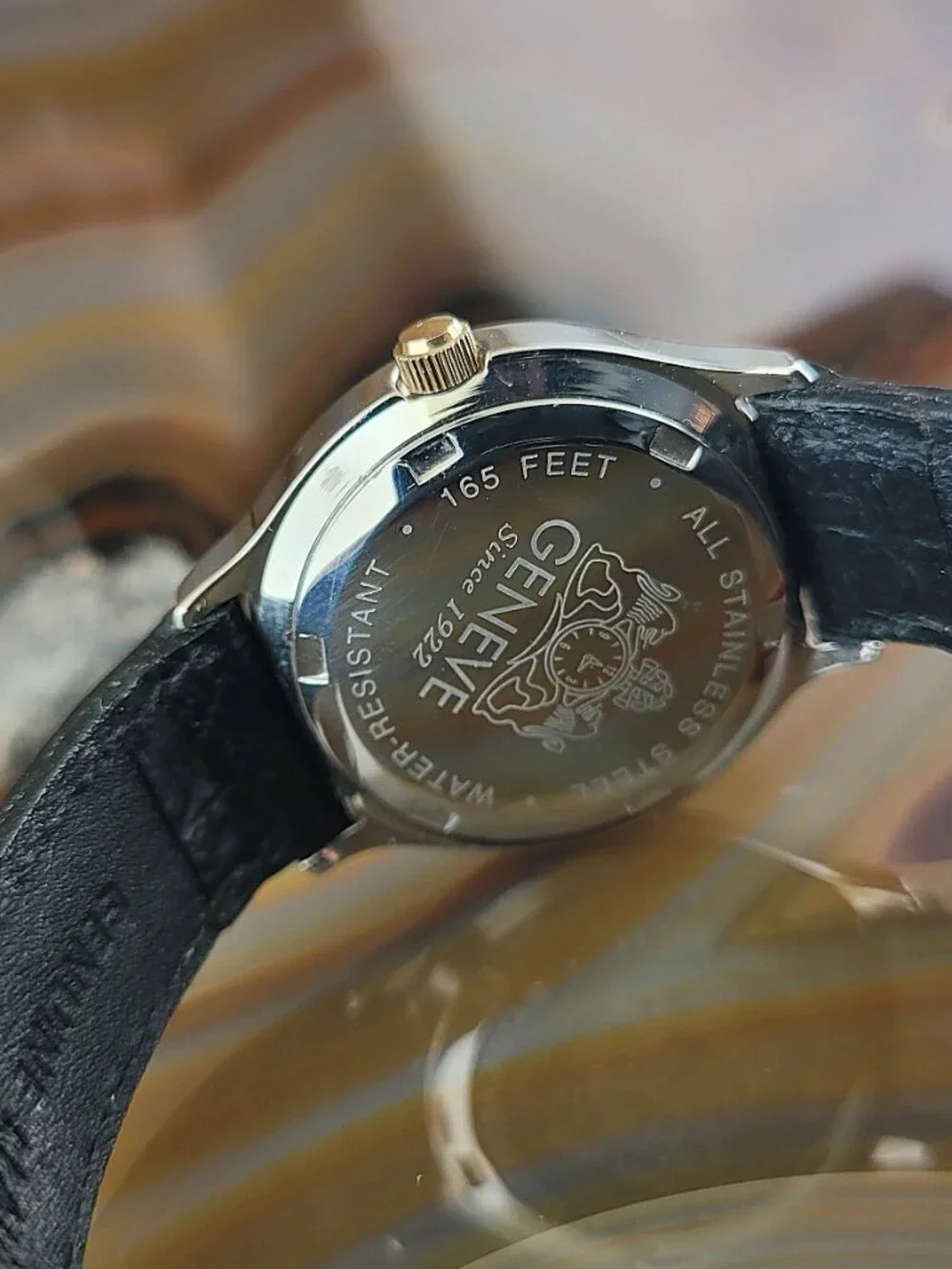 GENEVE Swiss 18K Gold Plated Stainless Steel Watch Leather Band Date